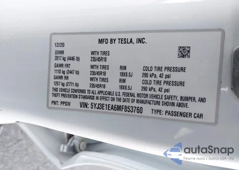 2021 Tesla Model 3 Standard Range Plus Rear-Wheel Drive from USA, damaged, VIN 5YJ3E1EA6MF853760